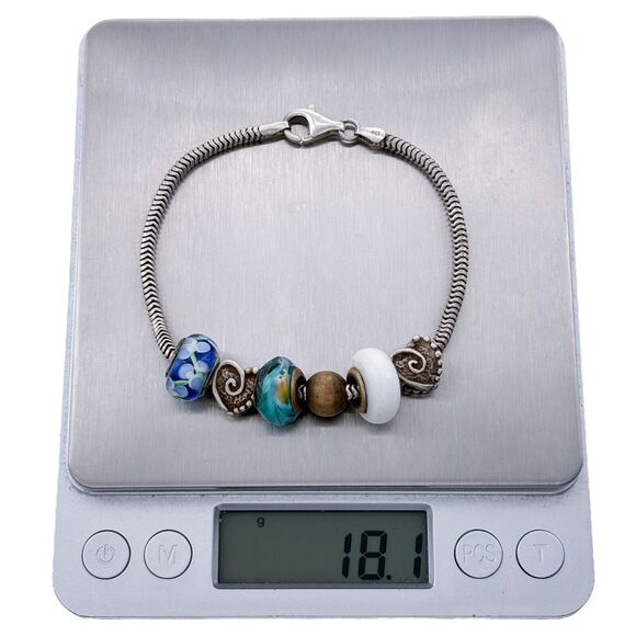 Vintage Sterling Silver 925 6 Charm Bracelet with Blue Murano Glass Beads 7.75" - Picture 6 of 6